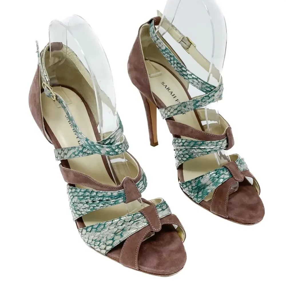 Sarah Flint Vilma Suede & Snakeskin Sandals aqua mauve gold size 37 US7
